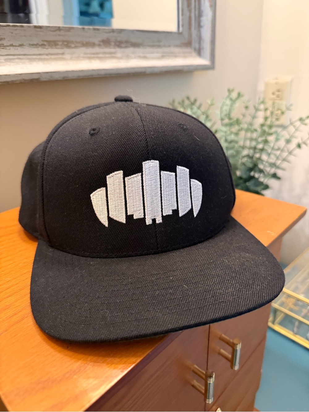 Black Snapback Hat with White Embroidered Graphic